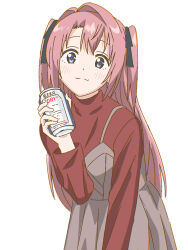  1girl beer_can black_ribbon blush can closed_mouth commentary_request dress drink_can grey_dress hair_intakes hair_ribbon highres holding holding_can jaggy_lines kamiina_botan kamiina_botan_yoeru_sugata_wa_yuri_no_hana long_hair looking_at_viewer nenmatsu_kirai pinafore_dress pink_hair red_skirt ribbon simple_background skirt sleeveless sleeveless_dress smile solo two_side_up white_background 