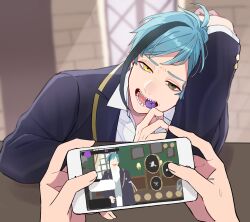  1boy 1other aqua_hair black_hair black_jacket blazer brick_wall buttons candy cellphone collared_shirt earrings eating eel_boy floyd_leech food food_in_mouth fune_(user_kujn8834) gameplay_mechanics gold_trim green_eyes hand_on_own_head heterochromia highres holding holding_candy holding_food holding_lollipop iphone jacket jewelry lapels leaning_on_table light_rays lollipop lollipop_in_mouth messy_hair multicolored_hair open_mouth phone playing_games playing_video_games school_uniform sharp_teeth shirt smartphone sweat sweatdrop table teeth tongue twisted_wonderland two-tone_hair user_interface white_shirt window yellow_eyes yuu_(twisted_wonderland) 