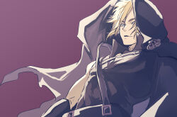  1boy armor black_cloak black_gloves black_sleeves black_vest blonde_hair cloak cloud_strife commentary_request demi_co fenrir_(ff7) final_fantasy final_fantasy_vii final_fantasy_vii:_advent_children gloves hood hood_up hooded_cloak male_focus parted_bangs pauldrons purple_background short_hair shoulder_armor single_bare_shoulder single_pauldron single_sleeve sketch solo upper_body vest 