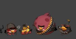  angry_birds bandolier beak belt black_fur bomb_(angry_birds) chuck_(angry_birds) cosplay crossover grey_background hat headphones heavy_(tf2) heavy_(tf2)_(cosplay) helmet highres looking_at_viewer no_humans peppy_(pepsoii) red_(angry_birds) red_fur scout_(tf2) scout_(tf2)_(cosplay) soldier_(tf2) soldier_(tf2)_(cosplay) team_fortress_2 terence_(angry_birds) yellow_fur 