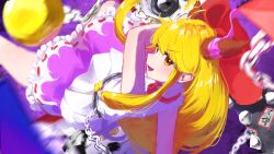  1girl absurdres ball_and_chain_restraint blonde_hair bow brown_horns chain commentary frilled_skirt frills gourd hair_bow highres horn_ornament horn_ribbon horns ibuki_suika long_hair looking_at_viewer oni open_mouth purple_skirt red_bow ribbon ribbon-trimmed_skirt ribbon_trim shirt skirt smile solo suwa_(au_swap) touhou white_shirt yellow_eyes 