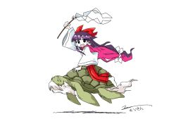  1girl beard bow commentary_request facial_hair flying from_side full_body genjii_(touhou) hair_bow hakama hakama_pants hakurei_reimu hakurei_reimu_(pc-98) japanese_clothes long_beard long_hair long_mustache looking_at_viewer miko mustache pants purple_hair riding signature simple_background sketch tail touhou touhou_(pc-98) turtle white_background white_beard yoiy_san 