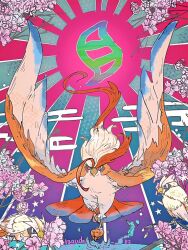  animal_focus artist_name bird black_eyes cherry_blossoms closed_mouth commentary_request evolutionary_line flower full_body mega_evolution_symbol mega_pidgeot mega_pokemon no_humans open_mouth pidgeot pidgey pink_flower pokemon pokemon_(creature) pokemon_focus rakuda_(ra_guda02) red_eyes 