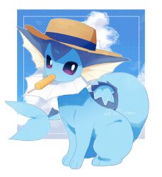  border clouds commentary_request fins food food_in_mouth forked_tail hat highres mouth_hold no_humans outside_border pokemon pokemon_(creature) pokemon_focus popsicle popsicle_in_mouth sitting solo tail vaporeon violet_eyes vli_sk22 white_border 