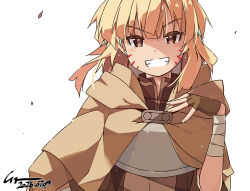  1girl :d argo_the_rat bandaged_arm bandages blonde_hair brown_cloak brown_eyes brown_gloves brown_jacket chest_guard cloak collared_jacket commentary_request dated facial_mark fingerless_gloves gloves grin hand_on_own_chest hand_up high_collar hood hooded_cloak jacket long_hair looking_at_viewer open_mouth shikei signature simple_background smile solo straight-on sword_art_online upper_body v-shaped_eyebrows watermark whisker_markings white_background 