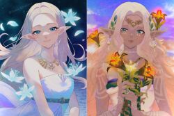  2girls bare_shoulders blonde_hair blue_eyes blue_flower body_markings breasts closed_mouth commentary_request dress facial_mark flower gold_necklace highres holding holding_flower jewelry light_smile long_hair medium_breasts multiple_girls necklace orange_flower pointy_ears portrait princess_zelda silent_princess sonia_(zelda) strapless strapless_dress sundelion tan teardrop_facial_mark the_legend_of_zelda the_legend_of_zelda:_breath_of_the_wild the_legend_of_zelda:_tears_of_the_kingdom twitter_username upper_body white_dress yama_giragira 