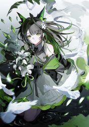 1girl absurdres alternate_costume arknights bare_shoulders bird black_hair black_jacket bouquet braid breasts chinese_commentary closed_mouth collared_dress commentary_request cowboy_shot crystal dove dress ezumly floating_hair flower green_eyes green_hair grey_dress hair_flower hair_ornament highres holding holding_bouquet jacket long_hair long_sleeves looking_at_viewer mon3tr_(arknights) multicolored_hair solo standing white_background white_flower white_lily 