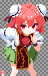  1girl absurdres bandaged_arm bandages bun_cover chinese_commentary closed_mouth commentary_request double_bun fake_transparency flower green_skirt grey_background grid_background hair_bun hand_on_own_hip highres ibaraki_kasen index_finger_raised leaning_forward looking_at_viewer mushroom pink_flower pink_hair pink_rose pixel_art red_eyes red_tabard ribbon-trimmed_skirt ribbon_trim rose shirt skirt solo tabard takeez3 touhou white_shirt 