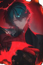  1boy absurdres arknights arknights:_endfield armor asymmetrical_gloves bat_(animal) blood blood_halo blue_hair camille_(arknights) crown_of_thorns crystal_earrings earrings elbow_gloves gloves halo highres jewelry liquid_halo looking_at_viewer male_focus neck_tattoo pauldrons pinstripe_jacket pinstripe_pattern pointy_ears red_gloves red_pupils shoulder_armor single_elbow_glove single_pauldron spiked_halo striped_clothes tattoo upper_body vampire vertical-striped_clothes xxhrtk 