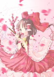  1girl blush bow bowtie branch brown_eyes brown_hair cherry_blossoms commentary_request detached_sleeves embellished_costume english_text falling_petals floral_print floral_print_skirt flower frilled_hair_tubes frills gohei hair_bow hair_tubes hakurei_reimu haru_(unfu3432) highres holding holding_branch holding_gohei long_hair looking_at_viewer petals pink_background pink_flower pink_petals print_skirt red_bow red_skirt ribbon-trimmed_sleeves ribbon_trim skirt skirt_set solo touhou yellow_bow yellow_bowtie 