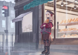  1girl absurdres animal_ears arknights awning bag baguette bakery beanie black_boots black_hat black_pantyhose black_skirt boots bread food fox_ears fox_girl fox_tail frostleaf_(arknights) grey_hair grey_shirt hat headphones highres holding holding_bag implied_extra_ears jacket knee_pads lamppost long_hair long_sleeves off-shoulder_shirt off_shoulder open_clothes open_jacket outdoors pantyhose paper_bag rain red_eyes red_jacket road shelf shirt shop skirt solo standing street suzubotan tail traffic_bollard wide_shot 