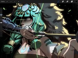  1girl arm_up arrow_(projectile) art_program_in_frame art_program_request artemis_(hades) black_background blunt_bangs body_markings bow_(weapon) bracer braid commentary crescent dress english_commentary gloves grace_kim_(ryuuna) green_dress green_eyes green_hair hades_(series) hades_1 headpiece highres holding holding_bow_(weapon) holding_weapon outstretched_arms partially_shaded_face solo sparkling_eyes twin_braids upper_body weapon wide-eyed 