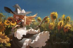  1girl absurdres apron black_hat black_skirt black_vest blonde_hair bow bowtie braid broom character_name closed_mouth commentary copyright_name day english_commentary english_text field flower flower_field frilled_skirt frills hair_bow hand_on_headwear hat hat_bow highres holding holding_flower kirisame_marisa long_hair mingyueqf outdoors puffy_short_sleeves puffy_sleeves red_bow red_bowtie short_sleeves side_braid single_braid skirt smile solo sunflower sunflower_field touhou vest waist_apron white_apron white_bow witch_hat yellow_eyes yellow_flower 