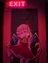  1girl absurdres arm_behind_back ascot backrooms_(creepypasta) blonde_hair bow collared_shirt commentary_request crystal crystal_wings exit_sign flandre_scarlet frilled_shirt_collar frilled_skirt frilled_wrist_cuffs frills hat hat_bow highres kanae_mituki long_hair looking_at_viewer mob_cap multicolored_wings one_side_up red_bow red_eyes red_light red_skirt red_vest red_wrist_cuffs shirt skirt skirt_set solo touhou vest white_hat white_shirt wings wrist_cuffs yellow_ascot 