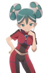  1girl aqua_eyes aqua_hair black_bodysuit bodysuit buchi_(y0u0ri_) double_bun hair_bun hand_on_own_face hand_on_own_hip inazuma_eleven inazuma_eleven_(series) maquia multicolored_bodysuit pointy_ears red_bodysuit short_sleeves sidelocks smile solo standing teeth two-tone_bodysuit white_background white_hair 