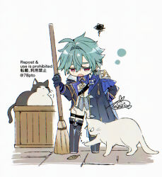  1boy ahoge aqua_eyes aqua_hair arm_behind_back armor artist_name black_gloves blue_boots blue_cape blue_coat blue_shirt boots broom cape cat chibi chibi_only coat collared_shirt crate earrings genshin_impact gloves gold_trim grey_vest hair_between_eyes hair_intakes holding holding_broom jewelry lapels leaf lohen_(genshin_impact) long_sleeves looking_down male_focus mole mole_under_eye multicolored_eyes naho_(pi988y) open_clothes open_coat open_mouth pants pauldrons red_eyes shirt short_hair shoulder_armor sigh signature simple_background single_earring single_pauldron sleeve_cuffs solo squiggle standing stone_floor tassel thigh_boots thigh_strap twitter_username vest watermark white_background white_cat white_pants white_shirt wing_collar 