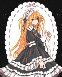  1girl amane_misa arm_at_side black_background black_dress black_ribbon blonde_hair closed_mouth collared_dress cowboy_shot cross death_note doily dot_mouth dress ear_piercing frilled_dress frilled_hairband frilled_sleeves frills from_side gothic_lolita hairband hand_up highres holding holding_cross jitome latin_cross lolita_fashion lolita_hairband long_hair long_sleeves looking_at_viewer looking_to_the_side multiple_piercings no_nose no_pupils piercing puffy_sleeves red_eyes ribbon ribbon-trimmed_hairband ribbon-trimmed_sleeves ribbon_trim rosary solo susu_(mikufanclub) two_side_up white_hairband wide_sleeves 