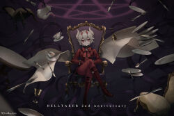  1girl absurdres anniversary beelzebub_(helltaker) bow bowtie breasts chair crossed_legs cup demon_girl demon_horns demon_tail english_text fork formal_clothes freckles gloves grey_hair helltaker highres horns jacket jewelry knife looking_at_viewer mug noah_(tettsui-sole) pants pentagram plate red_bow red_bowtie red_eyes red_gloves red_jacket red_pants red_suit shirt short_hair sitting smile smug spoon suit tail tea teacup tentacles twitter_username white_horns 