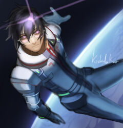  black_hair commentary_request earth_(planet) glasses glowing glowing_eyes gundam gundam_walpurgis highres kishida_kai looking_at_viewer mashiro_oaks mecha_pilot_suit planet science_fiction space spacesuit violet_eyes zero_gravity 