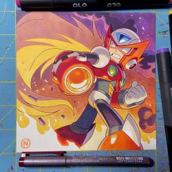  1boy arm_cannon armor art_tools_in_frame blonde_hair blue_eyes chest_jewel clenched_hand commentary commission cowboy_shot english_commentary fire forehead_jewel helmet highres male_focus marker_(medium) mega_man_(series) mega_man_x1 mega_man_x_(series) nuri_durr photo_(medium) red_armor red_helmet shikishi solo traditional_media weapon zero_(mega_man) 