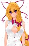  bare_shoulders blonde_hair bow breasts casual center_opening cleavage cleavage_cutout dress_shirt hair_bow highres jont large_breasts long_hair no_hat no_headwear open_clothes open_shirt purple_eyes shirt smile solo touhou violet_eyes yakumo_yukari 
