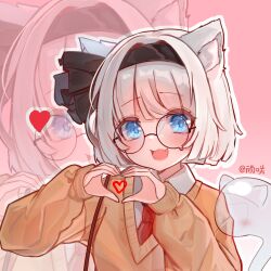  1girl 2091966 alternate_costume animal_ears artist_name cat_ears cat_girl chinese_commentary collared_shirt commentary_request fang heart heart_hands highres kemonomimi_mode konpaku_youmu looking_at_viewer necktie open_mouth outline pink_background red_necktie round_eyewear shirt skin_fang smile solo touhou upper_body white_outline white_shirt zoom_layer 