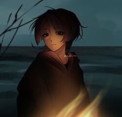  1boy absurdres alternate_costume black_eyes blunt_ends blurry branch casual closed_mouth commentary contemporary depth_of_field drawstring english_commentary expressionless fire genshin_impact grey_hair grey_hood grey_hoodie highres hood hood_down hoodie looking_at_viewer male_focus mole mole_under_eye night ocean outdoors portrait red_pupils scaramouche_(genshin_impact) solo twitter_username zushi_nn 