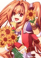  1girl ahoge akane_kazami armor artist_name brown_gloves collarbone commentary_request cropped_jacket double-parted_bangs eiyuu_densetsu estelle_bright fingerless_gloves floating_hair flower gloves hair_intakes hairband highres holding holding_flower hugging_object jacket long_hair looking_at_viewer metal_hairband open_mouth pauldrons pixiv_username popped_collar red_eyes red_jacket shirt short_sleeves shoulder_armor simple_background single_pauldron smile solo sora_no_kiseki sunflower triangle_mouth twintails twitter_username upper_body v-shaped_eyebrows watermark white_background white_shirt yellow_flower 