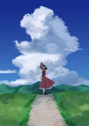  1girl absurdres ascot blue_sky bow brown_eyes brown_hair closed_mouth clouds commentary_request cumulonimbus_cloud day detached_sleeves frilled_bow frilled_hair_tubes frills from_side gasubanana grass hair_bow hair_tubes hakurei_reimu highres long_hair looking_at_viewer mountainous_horizon outdoors path red_bow red_skirt ribbon-trimmed_shirt ribbon-trimmed_sleeves ribbon_trim scenery shirt skirt skirt_set sky smile solo touhou yellow_ascot 
