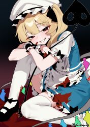  1girl absurdres alice's_adventures_in_wonderland alice_(alice_in_wonderland) alice_(alice_in_wonderland)_(cosplay) alternate_costume black_bow black_shoes black_wrist_cuffs blonde_hair blood blood_on_clothes blood_on_face blue_skirt blue_vest blush bow commentary cosplay crystal crystal_wings flandre_scarlet frilled_wrist_cuffs frills grin hat highres holding holding_weapon laevatein_(touhou) long_hair looking_at_viewer mary_janes mob_cap multicolored_wings one_side_up puffy_short_sleeves puffy_sleeves qwas69 shoes short_sleeves sitting skirt sleeve_bow smile solo thigh-highs touhou twitter_username vest weapon white_bow white_hat white_thighhighs wings wrist_cuffs 