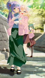  3girls :d ;d aqua_eyes black_pantyhose black_shoes bloom_garden_party_jacket blue_sweater blunt_bangs blunt_ends bob_cut cerise_bouquet chromatic_aberration commentary_request flower flower_knot green_eyes green_hair green_skirt hair_bun hair_flower hair_ornament highres hinoshita_kaho hug hug_from_behind jealous leg_up long_hair long_skirt looking_at_another love_live! love_live!_hasu_no_sora_jogakuin_school_idol_club love_live!_hasu_no_sora_jogakuin_school_idol_club_bloom_garden_party mary_janes medium_hair momose_ginko multiple_girls one_eye_closed open_mouth orange_hair otomune_kozue outdoors pantyhose purple_hair rabbit_hair_ornament red_flower reitou_mkn ribbed_sweater running shoes short_hair side_ponytail sidelocks signature single_side_bun skirt smile sweater tassel tassel_hair_ornament turtleneck turtleneck_sweater two_side_up virtual_youtuber 