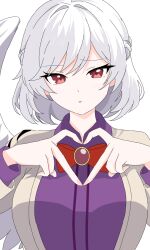  13nonaigdaz 1girl bow bowtie breasts commentary_request dress feathered_wings four-finger_heart_hands grey_hair heart heart_hands highres jacket kishin_sagume large_breasts long_sleeves looking_at_viewer open_clothes open_jacket purple_dress red_bow red_bowtie red_eyes short_hair simple_background single_wing solo touhou upper_body white_background white_wings wings yellow_jacket 