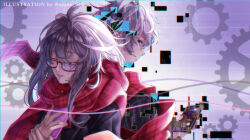  1boy 1girl ayane_sakura_(ayane_939) back-to-back backlighting black_jacket blazer cellphone closed_eyes crying digital_dissolve eyelashes floating_scarf gears glasses glitch highres holding holding_own_wrist holding_phone jacket looking_at_another original phone red_eyes red_ribbon red_scarf ribbon scarf school_uniform smartphone tears thread upper_body white_hair 