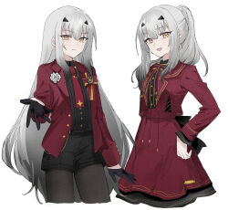  2girls black_gloves black_pantyhose black_shorts closed_mouth commentary dress dual_persona fate/grand_order fate_(series) gloves half_gloves hand_on_own_hip highres long_hair looking_at_viewer melusine_(fate) melusine_(fgo_fes._2026)_(fate) multiple_girls nekwnek official_alternate_costume open_mouth pantyhose ponytail reaching reaching_towards_viewer red_dress shorts simple_background smile untranslatable_commentary very_long_hair white_background yellow_eyes 