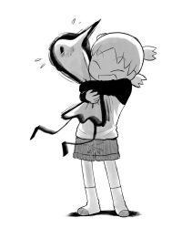  1girl bird closed_eyes commentary crossover english_commentary full_body greyscale hug koiwai_yotsuba long_sleeves monochrome nonpik_aku onodera_punpun open_mouth oyasumi_punpun raglan_sleeves shirt short_hair shorts simple_background smile socks solo yotsubato! 