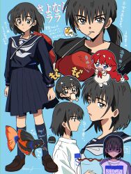  2girls absurdres black_eyes black_hair black_sailor_collar black_serafuku black_shirt black_skirt blue_background blue_eyes boxing_gloves braid chibi chibi_inset commentary_request dress eating food highres holding holding_food lara_(sayonara_lara) multiple_girls multiple_views neckerchief ootsu_mari open_mouth pleading_eyes ponytail red_hair rrrisyf sailor_collar sayonara_lara school_uniform serafuku shirt short_hair single_braid skirt translation_request white_dress white_neckerchief 