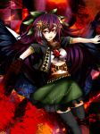  alternate_costume alternate_hair_color arm_cannon belt bird_wings black_legwear checkered checkered_background eyeball fay_(pixiv146922) hair_ornament long_hair looking_at_viewer midriff mitchell multicolored_background navel open_hand open_mouth outstretched_arms purple_hair red_eyes reiuji_utsuho short_sleeves skirt smile solo star_(sky) thigh-highs thighhighs third_eye touhou weapon wings zettai_ryouiki 