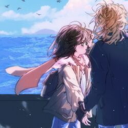  1boy 1girl blush brown_hair coat endlesslovewar facing_away from_behind from_side fur-trimmed_coat fur_trim gloves highres holding horizon inui_takumi jacket kamen_rider kamen_rider_555 long_sleeves ocean scarf sonoda_mari 