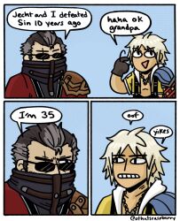  2boys age_difference armor auron black_gloves black_hair black_overalls blonde_hair border chain chain_necklace clenched_teeth commentary cropped_jacket english_commentary english_text final_fantasy final_fantasy_x furrowed_brow gloves grey_hair highres jacket japanese_clothes jewelry maddie_(othatsraspberry) male_focus mature_male multicolored_hair multiple_boys necklace open_mouth overalls pauldrons red_robe robe scar scar_across_eye scar_on_face scratching_head shoulder_armor single_pauldron smile speech_bubble streaked_hair sunglasses teeth tidus twitter_username white_border yellow_jacket 