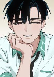  1boy alien_stage black_eyes black_hair black_necktie collared_shirt commentary contrast_collar english_commentary head_rest highres ivan_(alien_stage) juewang_de_hu_bi male_focus necktie one_eye_closed portrait red_pupils school_uniform shirt short_hair solo thick_eyebrows very_short_hair white_shirt zombie_stage 