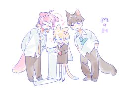  1girl 2boys :3 =_= ? adapted_uniform animal_ears anyoji_hime aqua_necktie arrow_(symbol) blonde_hair blue_eyes blue_hair breast_pocket brown_dress brown_hair brown_pants cat_boy cat_ears cat_girl cat_tail closed_eyes closed_mouth collared_shirt commentary dog_boy dog_ears dog_tail dress flower frown fujishima_megumi full_body genderswap genderswap_(ftm) gradient_hair hair_flower hair_ornament hasu_no_sora_school_uniform height_difference holding holding_paper initial jitome kemonomimi_mode long_hair long_sleeves love_live! love_live!_hasu_no_sora_jogakuin_school_idol_club medium_hair mira-cra_park! multicolored_hair multiple_boys neckerchief necktie necktie_in_pocket osawa_rurino pants paper parted_bangs pink_flower pink_hair pipi_(m1x_mix) pocket red_neckerchief sailor_collar sailor_dress school_uniform shirt short_hair simple_background tail twintails untranslatable_commentary very_short_hair violet_eyes virtual_youtuber white_background white_sailor_collar white_shirt winter_uniform yellow_necktie 
