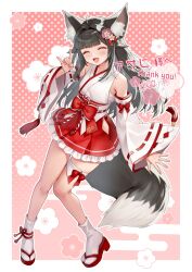 1girl ahoge animal_ear_fluff animal_ears black_hair blunt_bangs border bow commission detached_sleeves egasumi flower fox_ears fox_girl fox_shadow_puppet fox_tail frilled_skirt frills full_body hair_flower hair_intakes hair_ornament highres looking_at_viewer mitake_eil nontraditional_miko open_mouth original pink_background polka_dot polka_dot_background red_bow red_eyes red_ribbon red_skirt ribbon ribbon-trimmed_sleeves ribbon_trim sandals signature skeb_commission skirt smile socks solo tail thank_you thigh_strap white_border white_socks zouri 