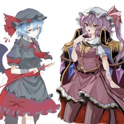  2girls alternate_color artist_collaboration ascot back_bow bandaged_arm bandages bat_wings black_coat black_hat black_shirt black_skirt blue_hair bow bowtie brooch brown_pantyhose coat coat_on_shoulders collared_shirt commentary_request crystal crystal_wings epaulettes flandre_scarlet flandre_scarlet_(vampire_pursuing_the_hunter) frilled_shirt_collar frilled_skirt frills fringe_trim hat hat_ribbon highres jewelry kanaria_(bcomn) looking_at_viewer mob_cap multicolored_wings multiple_girls one_side_up open_mouth paint_chat_(medium) pantyhose pointy_ears puffy_short_sleeves puffy_sleeves red_ascot red_bow red_eyes red_ribbon red_skirt red_vest remilia_scarlet remilia_scarlet_(tiny_devil_mistress) ribbon shirt short_sleeves siblings simple_background sisters skirt smile striped_clothes striped_pantyhose tomura_amane touhou touhou_lostword vertical-striped_clothes vertical-striped_pantyhose vest white_background white_hat wings yellow_bow yellow_bowtie 