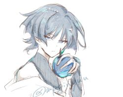  1boy bishounen blue_apple blunt_ends bodysuit bridal_gauntlets bright_pupils choppy_bangs closed_mouth commentary_request expressionless food fruit genshin_impact grey_bodysuit grey_bridal_gauntlets grey_hair hand_up hatching_(texture) holding holding_food holding_fruit japanese_clothes kimono linear_hatching looking_to_the_side male_focus mandarin_collar mpginyuu scaramouche_(genshin_impact) sideways_glance single_bare_shoulder single_off_shoulder sketch solo tsurime twitter_username violet_eyes wanderer_(genshin_impact) white_background white_kimono white_pupils 