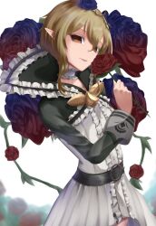  1girl absurdres belt blonde_hair commentary_request cranberry_(mahoiku) dress flower frilled_dress frills highres holding holding_flower kagamiwor magical_girl mahou_shoujo_ikusei_keikaku pointy_ears red_flower red_rose rose smile thorns white_background yellow_eyes 