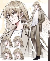  1boy ^_^ black_shoes blazer blonde_hair blush book brown_jacket brown_pants call_of_cthulhu closed_eyes closed_mouth commentary_request crew_neck dress_shoes full_body glasses hair_between_eyes hand_in_pocket highres holding holding_book hoshi_no_shinwa_end_roll ikurikaito jacket lapels long_hair long_sleeves looking_at_viewer male_focus multiple_expressions notched_lapels open_clothes open_jacket oxfords pants parted_lips round_eyewear shirt shoes smile solo standing untucked_shirt very_long_hair white_shirt yellow_background yellow_eyes zoom_layer 