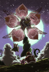  1girl 2boys antennae arthropod_boy arthropod_girl bee bee_girl black_eyes bug cape clouds dreamstalk flower flowered_sectonia flying full_moon fur-trimmed_cape fur_trim green_cape hat head_grab highres horns insect_wings jitome king_dedede kirby kirby:_triple_deluxe kirby_(series) looking_at_another moon multiple_boys night outdoors parted_lips pink_flower plant_roots queen_sectonia red_cape red_hat second-party_source shitappa_13-gou spider_boy standing star_(sky) star_(symbol) taranza wings 