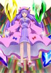  blush book bookshelf bow crescent dress floating glyph hair_bow hat jagabutter long_hair open_mouth outstretched_arms patchouli_knowledge purple_eyes purple_hair solo spread_arms touhou violet_eyes 