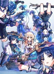  1girl 6+boys :> :p akanbe anemo_symbol_(genshin_impact) arm_at_side arm_cutout arm_on_thigh arm_support armor arms_at_sides arms_behind_head bangs_pinned_back bare_shoulders black_bodysuit black_bow black_bridal_gauntlets black_sandals black_shorts blonde_hair blue_cape blue_feathers blue_flower blue_gem blue_halo blue_kimono blue_sleeves blue_trim blunt_ends body_markings bodysuit bow branch breasts bridal_gauntlets bright_pupils cape closed_eyes closed_mouth clothing_cutout commentary_request detached_sleeves double_halo dress eyelashes eyelid_pull eyeliner facing_down feather_hair_ornament feathers fingernails flower flying furisode gem genshin_impact glowing_markings gurumin_(gurruguru) hair_flower hair_ornament hakama hakama_shorts halo halo_behind_head halterneck index_finger_raised japanese_armor japanese_clothes juban kimono kote kurokote layered_sleeves leaf looking_at_viewer lower_teeth_only lumine_(genshin_impact) makeup mandarin_collar medium_breasts multicolored_flower multiple_boys open_clothes open_kimono open_mouth parted_bangs pleated_shorts pom_pom_(clothes) purple_hair purple_rope purple_sash red_eyeliner rope sandals sash scaramouche_(genshin_impact) scarf short_hair short_hair_with_long_locks shorts shoulder_peek side_cape sidelocks sitting sweatdrop tassel teeth tilted_headwear toes tongue tongue_out too_many_clones tsurime upside-down violet_eyes vision_(genshin_impact) wanderer_(genshin_impact) white_background white_dress white_flower white_kimono white_pupils white_scarf white_sleeves white_trim wispy_bangs yellow_eyes yellow_feathers zouri 