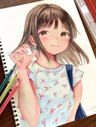  1girl art_tools_in_frame bag blush brown_eyes brown_hair closed_mouth dated earrings floral_print hand_up highres jewelry looking_at_viewer medium_hair nena_labo original shirt short_sleeves smile solo traditional_media upper_body white_background white_shirt 